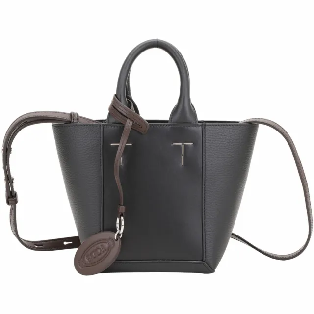 【TOD’S】TODS Double Up 迷你型 荔紋牛皮拼接手提 肩背托特包-附吊飾 黑色(義大利手工皮革)