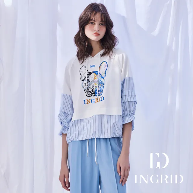 【IGD 英格麗】實體同步款-摩登彩色大頭狗連帽長袖上衣-白色