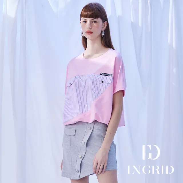 【IGD 英格麗】實體同步款-條紋拼接雙口袋寬版上衣-粉紅