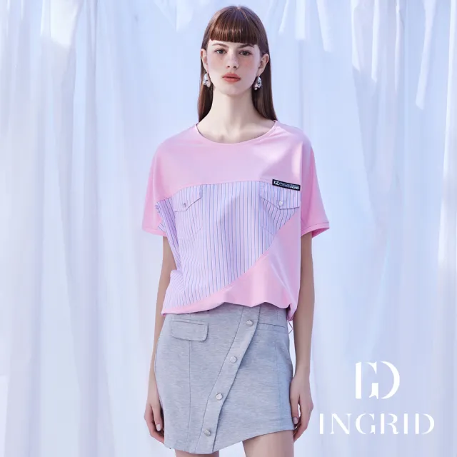 【IGD 英格麗】實體同步款-條紋拼接雙口袋寬版上衣-粉紅