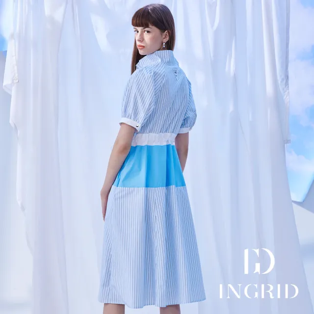 【IGD 英格麗】實體同步款-復古風撞色排釦條紋洋裝-藍色