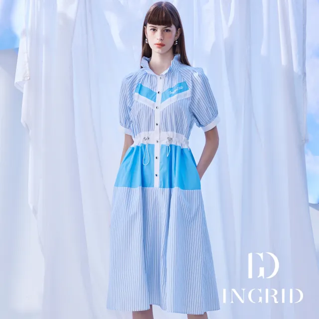 【IGD 英格麗】實體同步款-復古風撞色排釦條紋洋裝-藍色