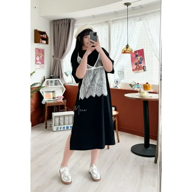 【Want-Meow】90公斤可穿/日系感假兩件蕾絲寬鬆長版洋裝長裙約會出遊(大碼/大尺碼/加大碼/孕婦裝/洋裝)