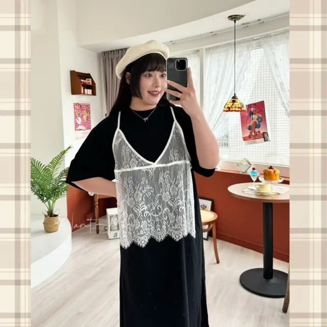 【Want-Meow】90公斤可穿/日系感假兩件蕾絲寬鬆長版洋裝長裙約會出遊(大碼/大尺碼/加大碼/孕婦裝/洋裝)