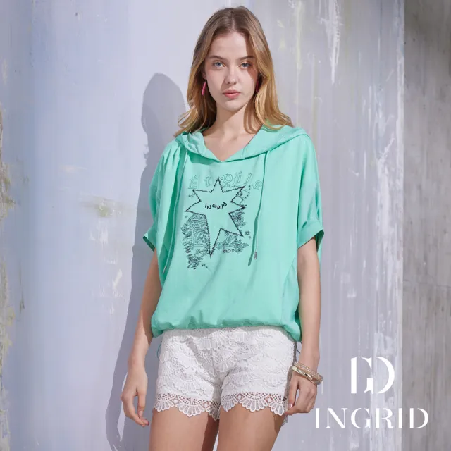 【IGD 英格麗】實體同步款-Etoile星光刺繡飛鼠袖連帽上衣-綠色