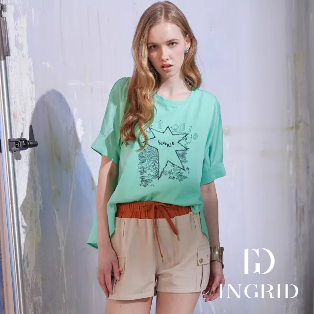 【IGD 英格麗】實體同步款-Etoile星光刺繡寬版上衣-綠色