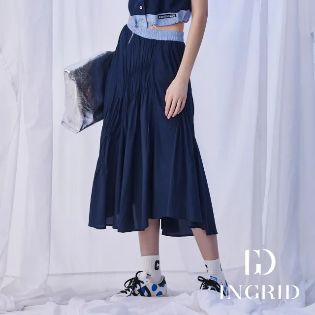 【IGD 英格麗】實體同步款-雙色褶皺長裙-藍色