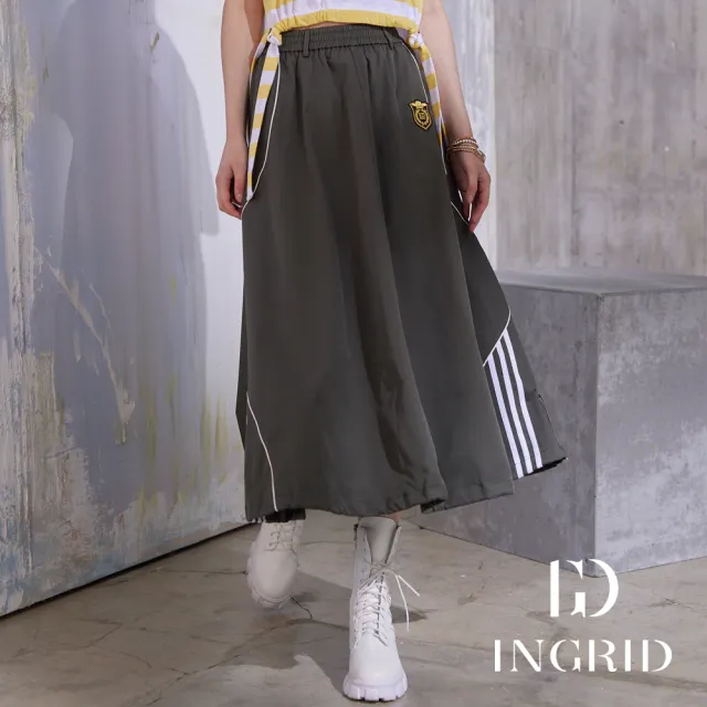 【IGD 英格麗】實體同步款-運動風徽章抽繩長裙-綠色