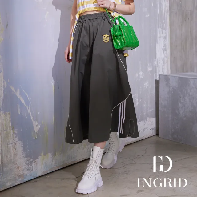【IGD 英格麗】實體同步款-運動風徽章抽繩長裙-綠色