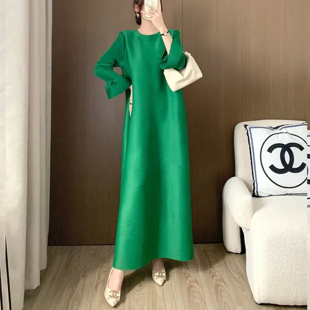 【巴黎精品】三宅風皺褶衣服洋裝(長袖摺衣壓褶長款春秋高級感A字裙折衣女裙子4色n1jq77)