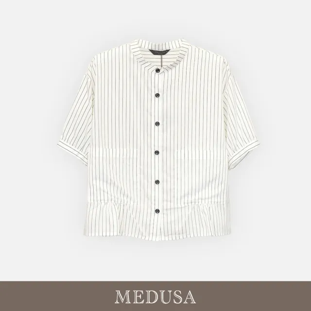 【MEDUSA 曼度莎】現貨-細條紋排釦大口袋寬版短袖襯衫（M-XL）｜條紋襯衫 寬版上衣 休閒穿搭