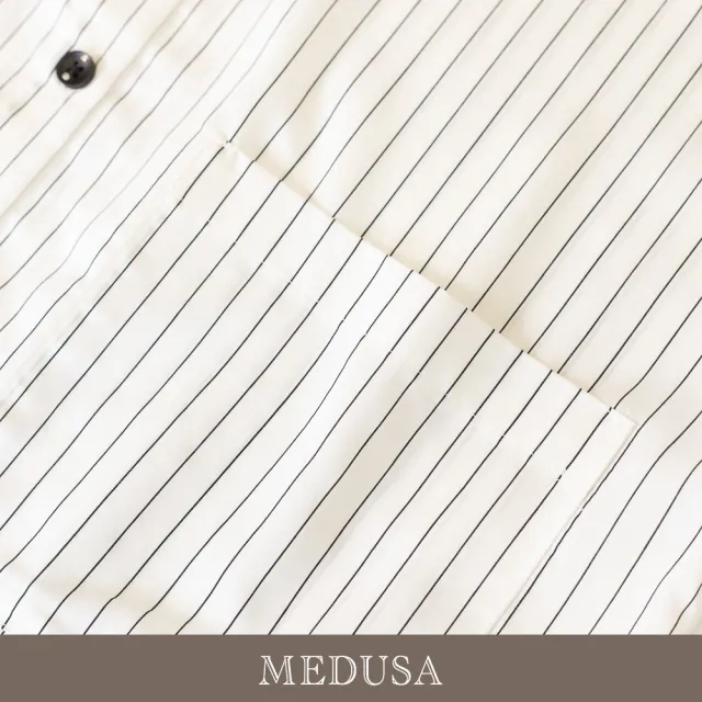 【MEDUSA 曼度莎】現貨-細條紋排釦大口袋寬版短袖襯衫（M-XL）｜條紋襯衫 寬版上衣 休閒穿搭
