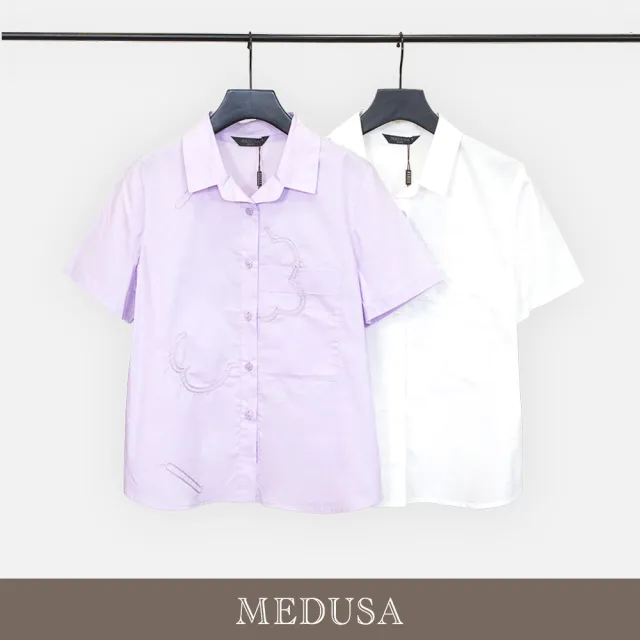 【MEDUSA 曼度莎】現貨-小花線條刺繡純棉短袖襯衫 - 2色（M-XL）｜刺繡襯衫 棉質上衣 休閒穿搭