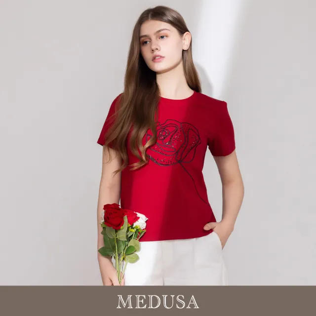 【MEDUSA 曼度莎】現貨-玫瑰花線條刺繡水鑽T恤 - 2色（M-XL）｜短袖T恤 休閒穿搭 休閒上衣