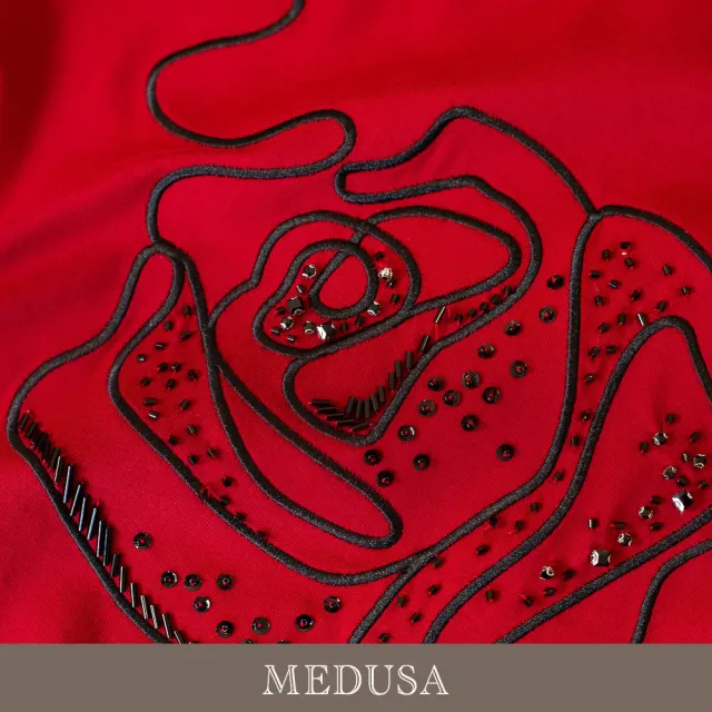 【MEDUSA 曼度莎】現貨-玫瑰花線條刺繡水鑽T恤 - 2色（M-XL）｜短袖T恤 休閒穿搭 休閒上衣