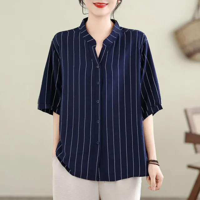 【AKARA】線條率真涼感散熱棉麻五分袖短袖襯衫上衣 2色 中大尺碼 M-3XL