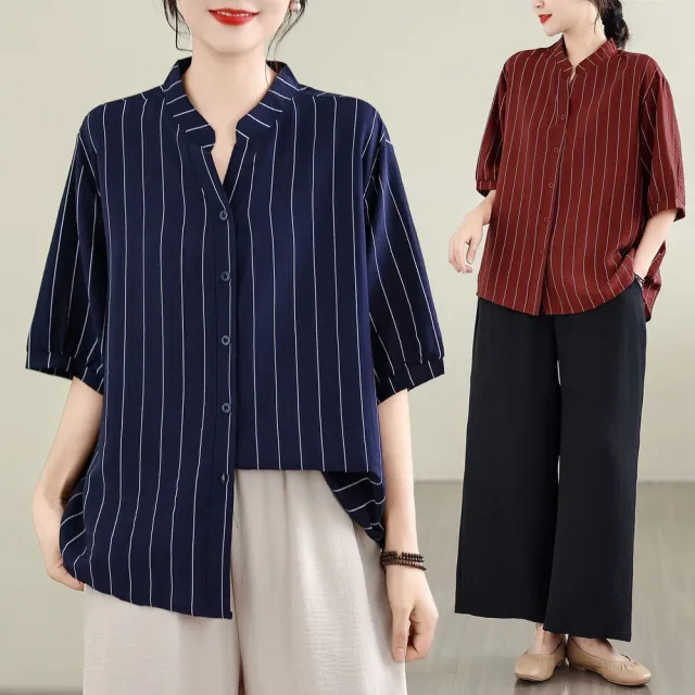 【AKARA】線條率真涼感散熱棉麻五分袖短袖襯衫上衣 2色 中大尺碼 M-3XL