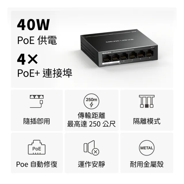 【Mercusys 水星】6埠 port10/100Mbps 桌上型4埠PoE+ 乙太網路交換器 金屬殼 隨插即用 switch hub(MS106LP)