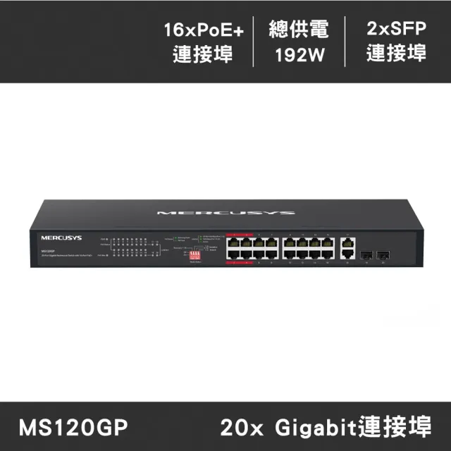 【Mercusys 水星】20埠 Gigabit 桌上型 乙太網路交換器 支援16埠PoE+2埠SFP 金屬殼 隨插即用(MS120GP)