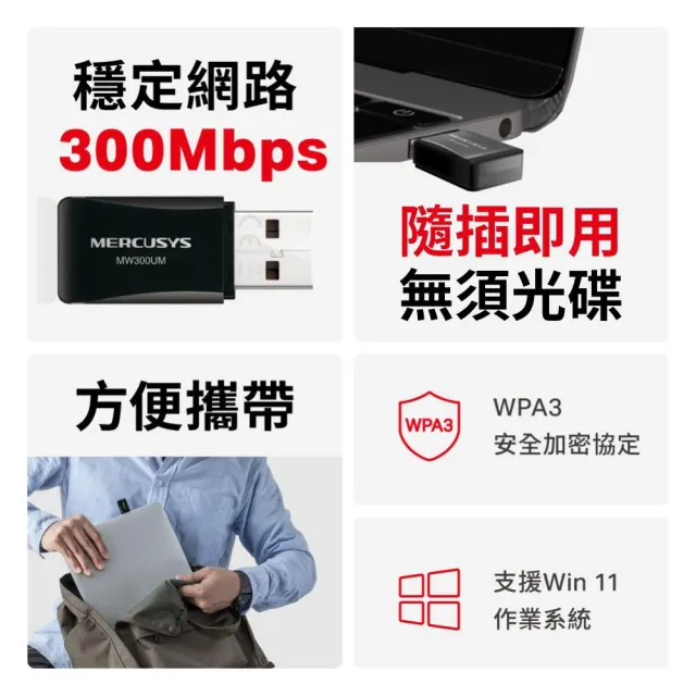 【Mercusys 水星】WiFi 4 N300 USB 無線網路卡(MW300UM)