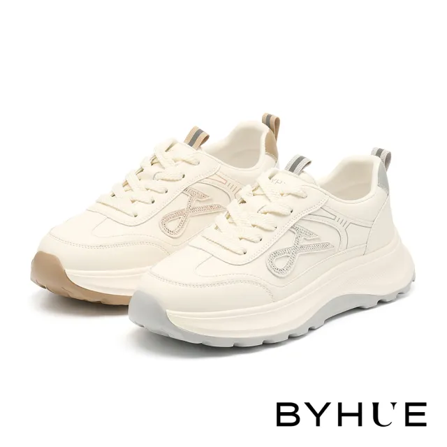 【BYHUE】精緻率性線條燙鑽牛皮綁帶軟芯微Q底厚底休閒鞋(銀)