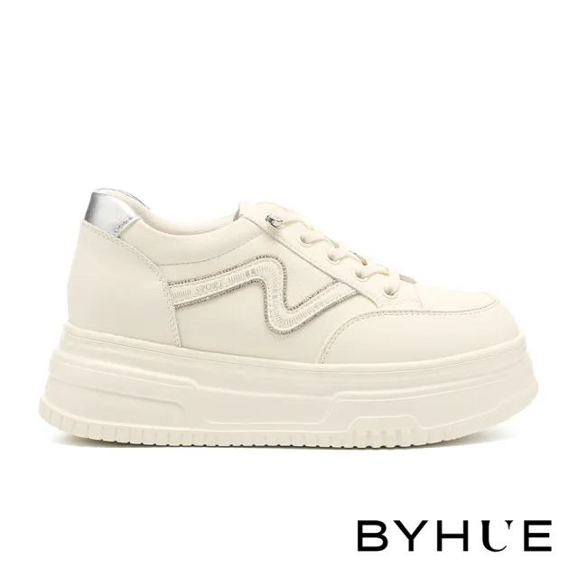 【BYHUE】率性時尚線條燙鑽彈力鞋帶牛皮軟芯厚底休閒鞋(銀)