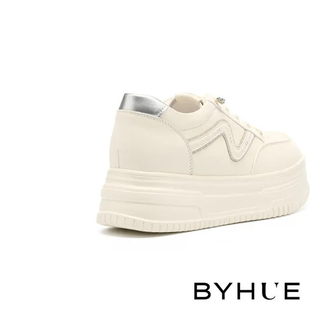 【BYHUE】率性時尚線條燙鑽彈力鞋帶牛皮軟芯厚底休閒鞋(銀)