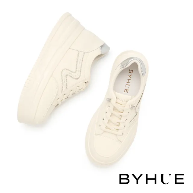【BYHUE】率性時尚線條燙鑽彈力鞋帶牛皮軟芯厚底休閒鞋(銀)