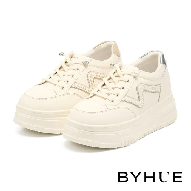 【BYHUE】率性時尚線條燙鑽彈力鞋帶牛皮軟芯厚底休閒鞋(銀)