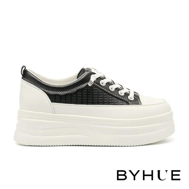 【BYHUE】日常舒適彈力鞋帶壓紋牛皮厚底休閒鞋(黑)