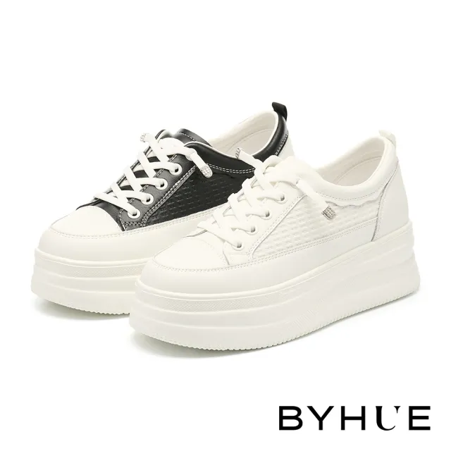 【BYHUE】日常舒適彈力鞋帶壓紋牛皮厚底休閒鞋(黑)