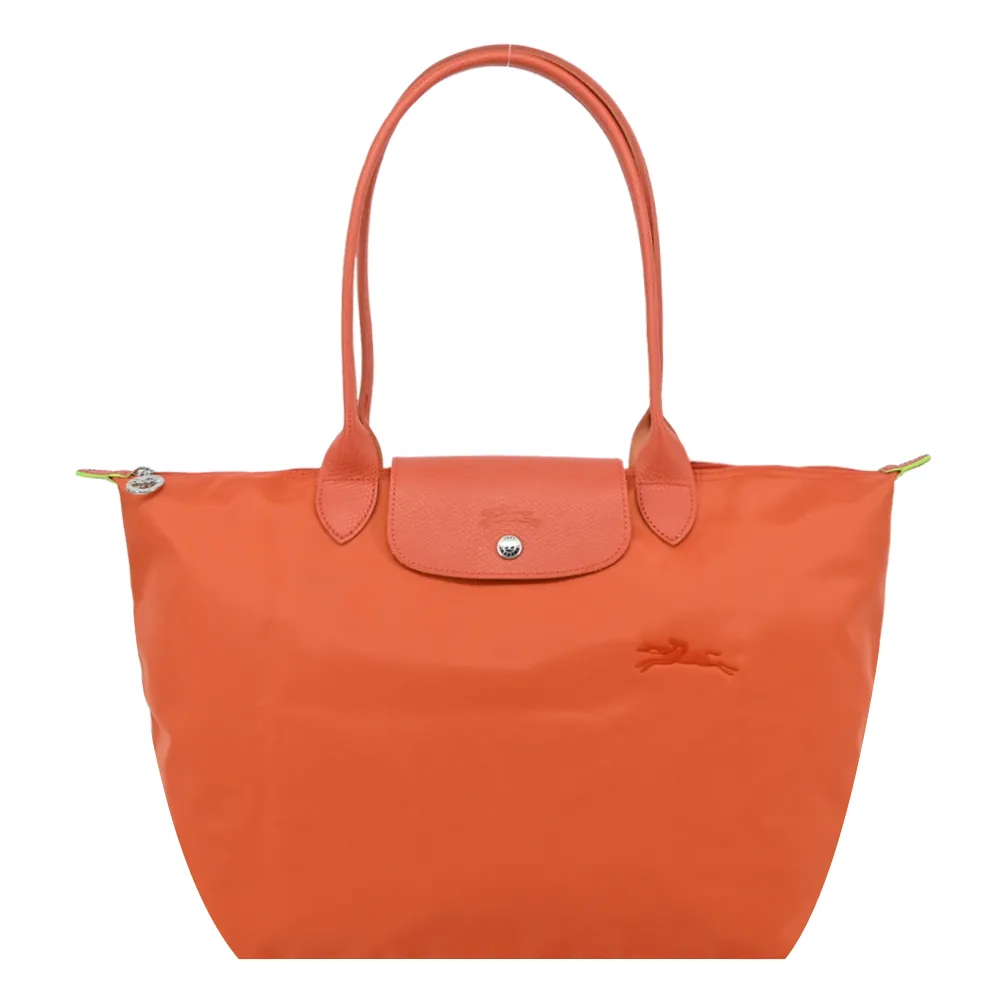 【LONGCHAMP】LE PLIAGE GREEN系列刺繡長把再生尼龍摺疊水餃包(大/胡蘿蔔橘)