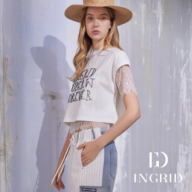 【IGD 英格麗】實體同步款-蕾絲立體字母刷繡2件式上衣-白色