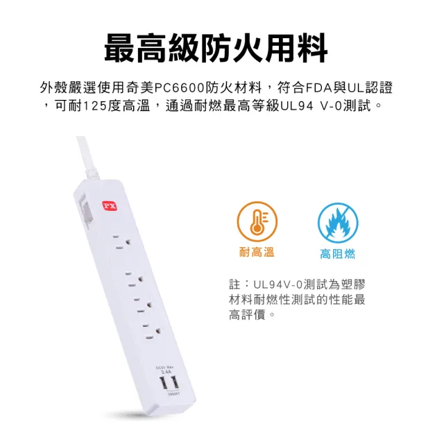 【PX 大通】(5入組)3年保固台灣製造防火防雷突波快充 usb 1開4插三孔插座電源延長線1.2米4尺(PEC-314U4W)
