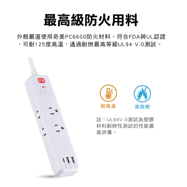 【PX 大通】(5入組)台灣製造3年保固1開6插+2A1C Type C USB 防火防雷突波插座電源延長線1.2M米(POL-161P)