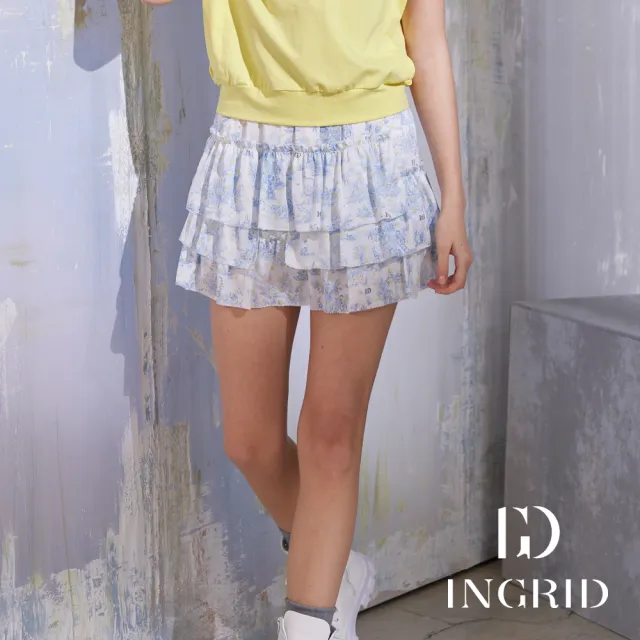 【IGD 英格麗】實體同步款-宮廷復古印花雪紡層次短裙-藍色