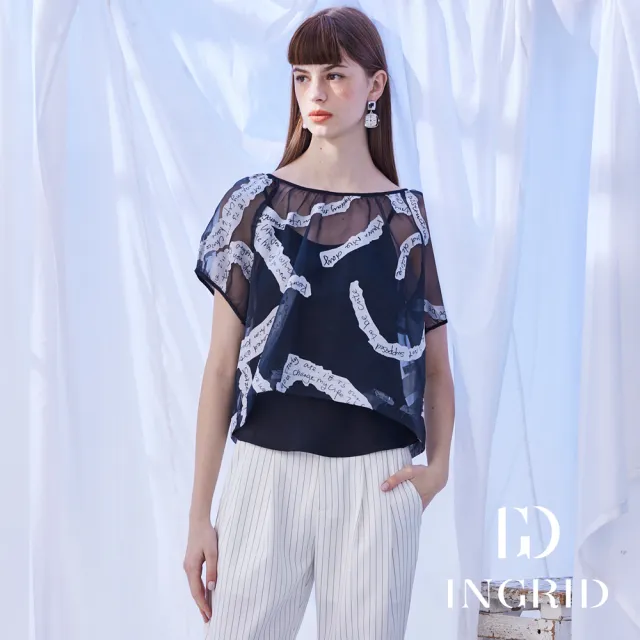 【IGD 英格麗】實體同步款-文字愛心烏干紗燒花綁帶上衣-附細肩帶背心-黑色