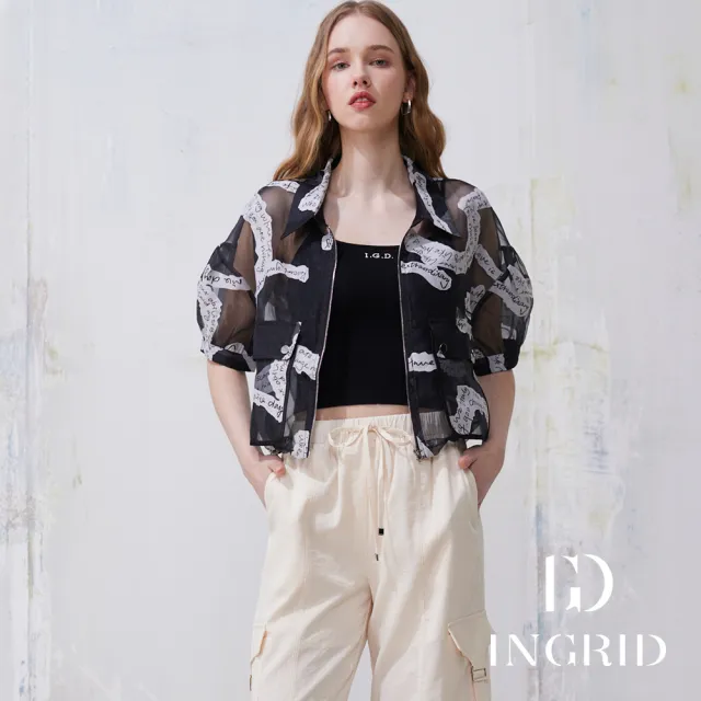 【IGD 英格麗】實體同步款-文字愛心烏干紗燒花短版上衣外套-黑色