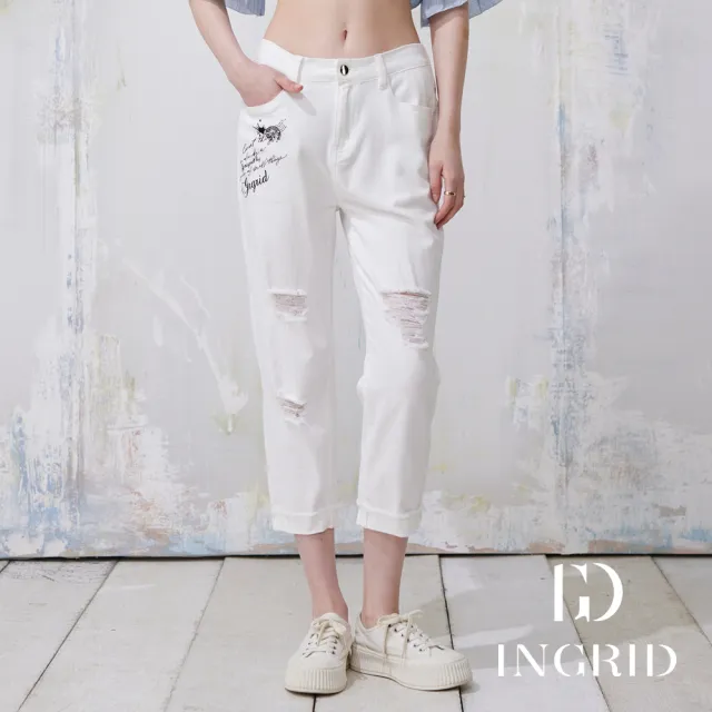 【IGD 英格麗】實體同步款-旅行文字塗鴉破壞反褶牛仔褲-白色