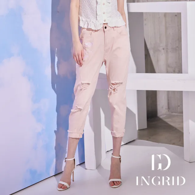 【IGD 英格麗】實體同步款-旅行文字塗鴉破壞反褶牛仔褲-粉紅色