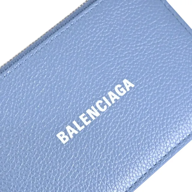 【Balenciaga 巴黎世家】簡約LOGO荔枝牛皮信用卡證件零錢卡包(藍灰)