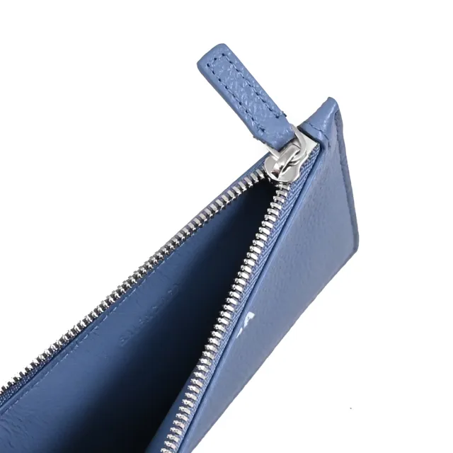 【Balenciaga 巴黎世家】簡約LOGO荔枝牛皮信用卡證件零錢卡包(藍灰)