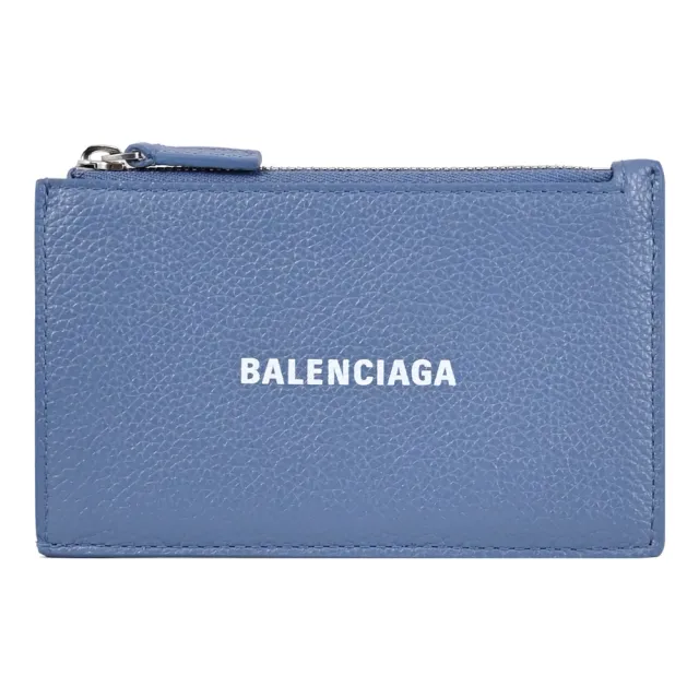 【Balenciaga 巴黎世家】簡約LOGO荔枝牛皮信用卡證件零錢卡包(藍灰)