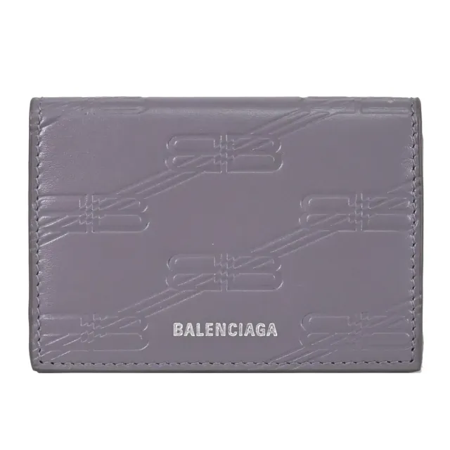 【Balenciaga 巴黎世家】品牌LOGO壓印牛皮三折雙面小零錢短夾(深灰)