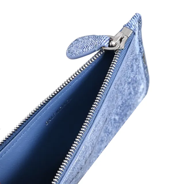 【Balenciaga 巴黎世家】品牌LOGO丹寧紋理Nappa皮信用卡零錢卡包(藍)