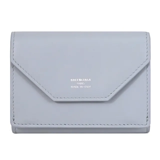 【Balenciaga 巴黎世家】簡約燙銀LOGO牛皮三折雙面零錢短夾(淺灰藍)