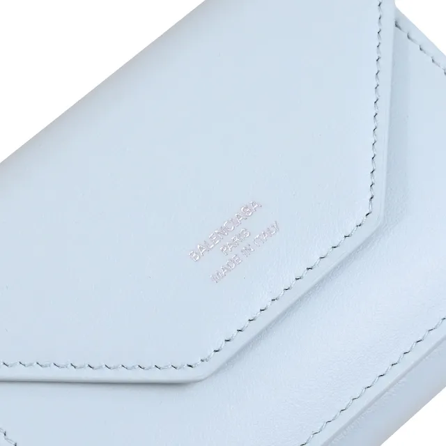 【Balenciaga 巴黎世家】簡約燙銀LOGO牛皮三折雙面零錢短夾(淡藍)