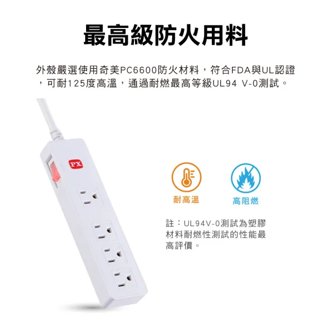 【PX 大通】3年保固防火耐熱阻燃 插座電源 三孔 延長線1開4插3孔1.8公尺1切4插座1.8m/6尺(PEC-3146W)