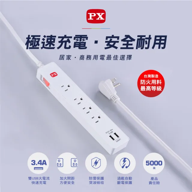 【PX 大通】3年保固台灣製造防火防雷突波快充 usb 1開4插三孔插座電源延長線1.2公尺1切4插4尺(PEC-314U4W)