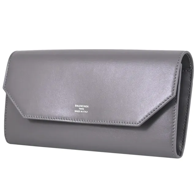 【Balenciaga 巴黎世家】簡約LOGO小牛皮信封造型發財零錢長夾(深灰)